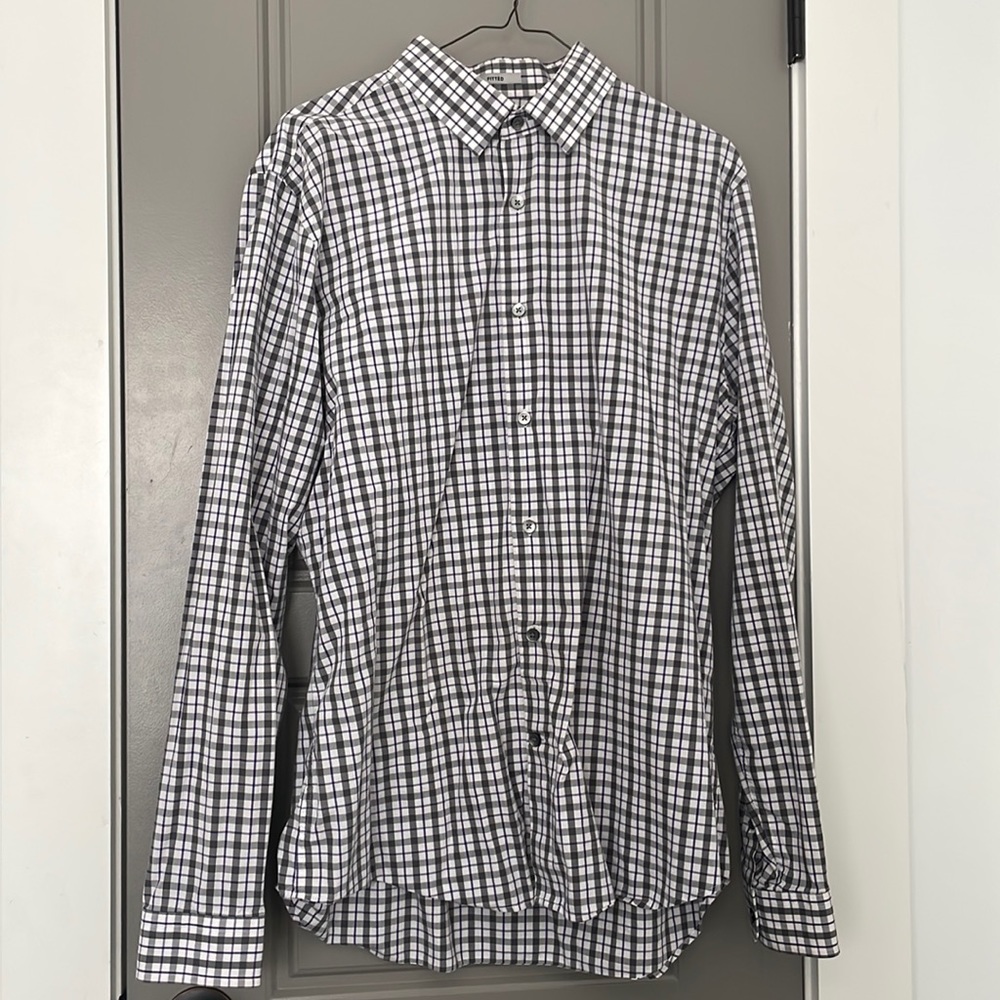 Men’s Express button down shirt. Purple, grey and white. Size large; 16-16.5